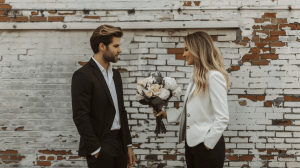 Gentleman primind flori de la o femeie