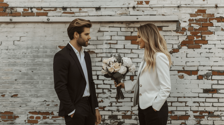 Gentleman primind flori de la o femeie